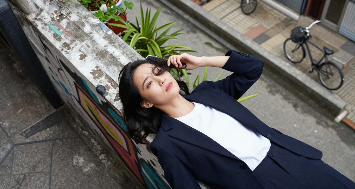 A nostalgic Female From Macau, studied hospitality management in their 31, enjoying the fruits of labor from the 20s,
wearing a sleek modern tailored look, brushing hair away from the face in a graffiti art wall.