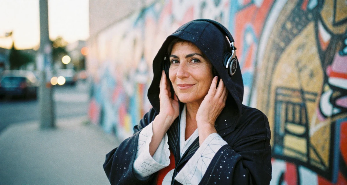 A satisfied Female Former retail cashier, now monetizing aesthetic self-portraits in their 51, switching careers later in life,
wearing a assassin creed style hooded robe and tunic, listening to music with headphones in a graffiti art wall.