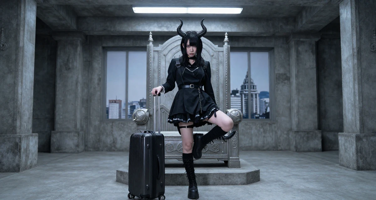 A ferocious Female From Japan, majored in sociology in Tokyo in their 33, dealing with rising living costs,
wearing a demon girl outfit with horns and a spiked tail, pulling a suitcase in a royal palace throne room.