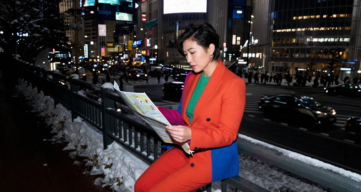 A confident and poised Female Former accountant in her 40s, now embracing body confidence and digital art in their 32, first-time homeowner documenting renovation process,
wearing a bold color-block outfit, looking at a map in a bridge walkway.
