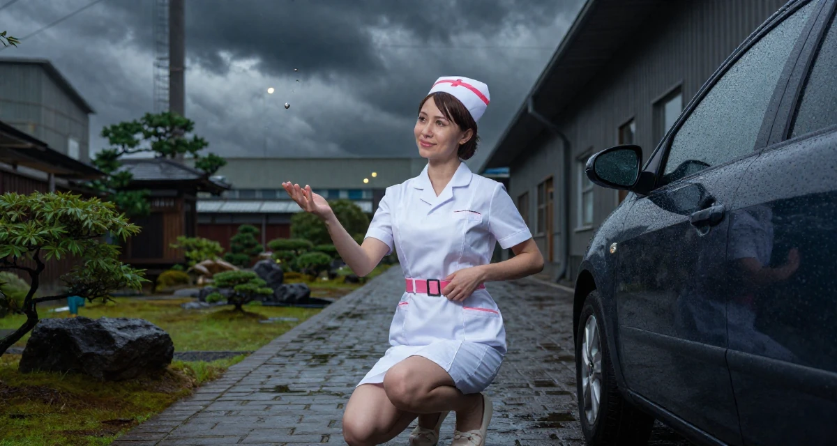 A softly smiling Female Born in Russia, graduated from a local college majoring in marketing in their 43, juggling two jobs,
wearing a nurse cosplay uniform with a stylized cap, fixing a belt buckle in a industrial warehouse.