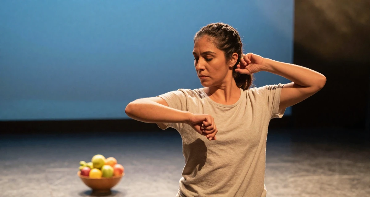 A gently serious Female From Mexico City Mexico, learned expressive movement through Latin dance in their 38, handling long working hours with discipline,
wearing a soft organic cotton clothing, cracking knuckles in a empty theater stage.