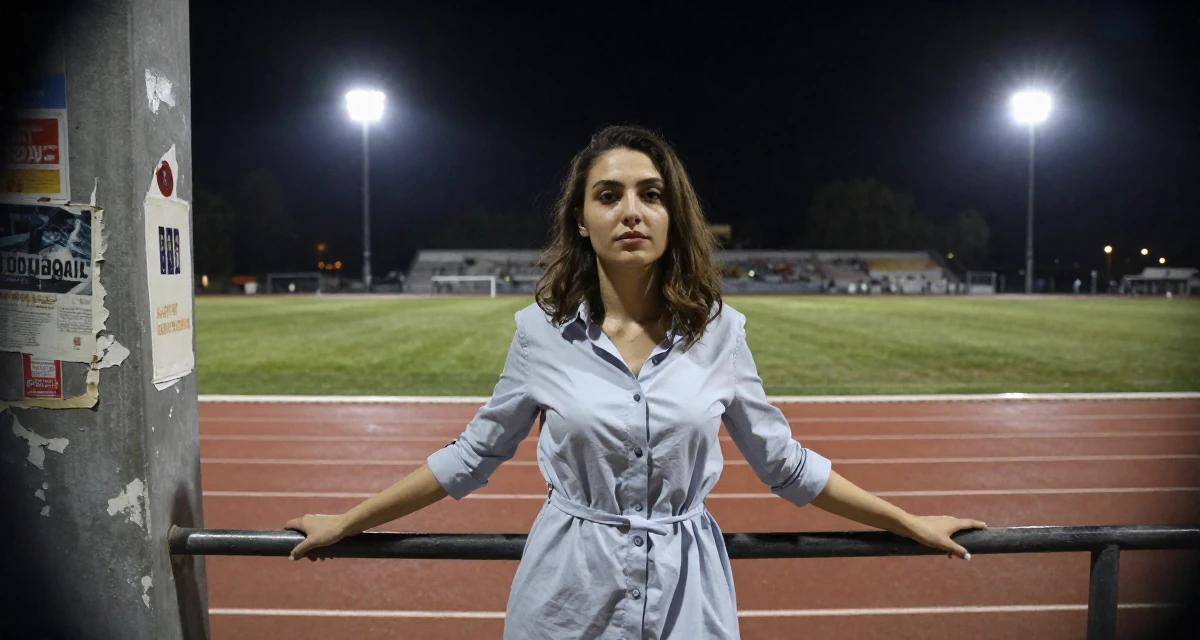A quiet Female From Armenia, studied sociology in their 22, managing new financial responsibilities,
wearing a button-up shirt dress with the top buttons undone, holding a railing in a running track.