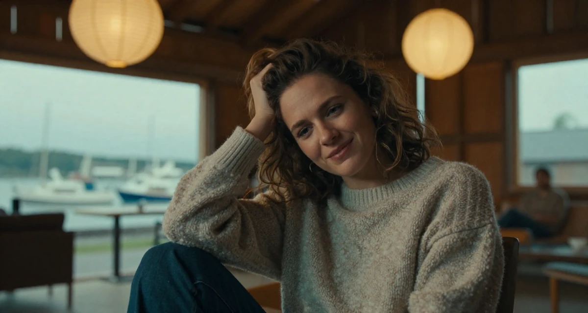 A warmhearted Female Raised in Poland, majored in entrepreneurship studies in their 28, learning to separate self-worth from subscriber numbers,
wearing a cozy fleece pullover, scratching a head lightly in a barn interior.