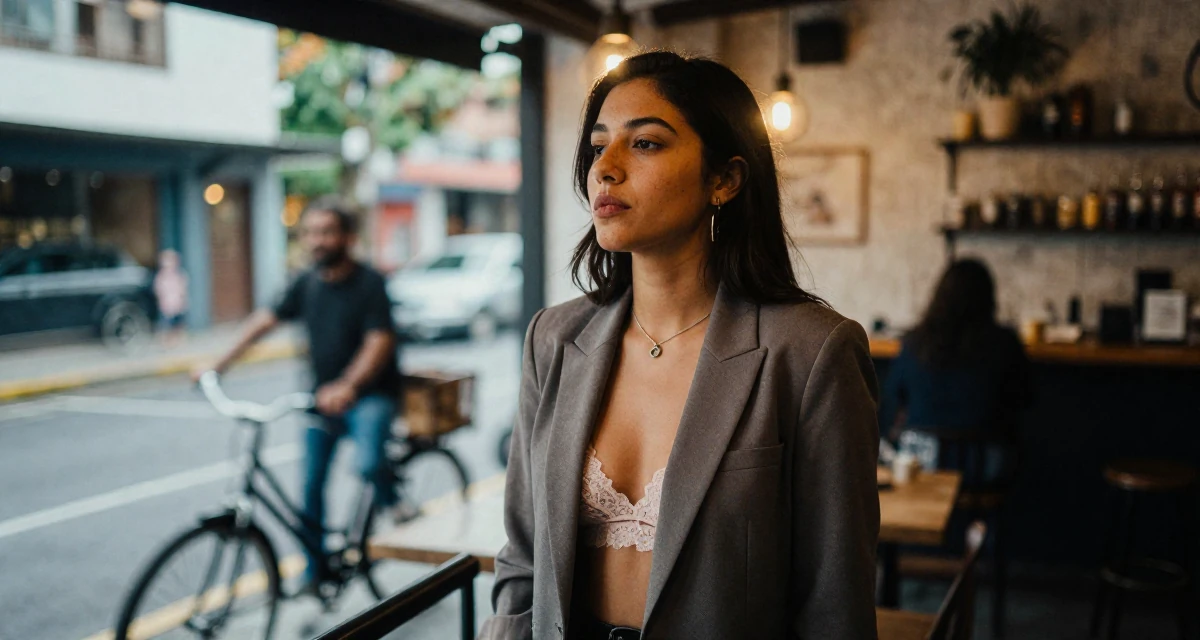 A observant Female From Bolivia, based in Santa Cruz, graduated from a media academy majoring in creative strategy in their 25, learning to balance creativity with subscriber expectations,
wearing a fitted blazer with nothing underneath but a lace bra (hinted), taking a deep breath in a trendy coffee shop.