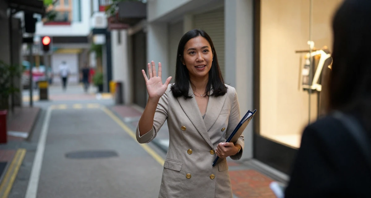 A friendly Female From Singapore, holds a degree in data science in their 39, sharing stories of resilience and growth,
wearing a double-breasted blazer dress with gold buttons, waving to someone in a quiet alleyway.