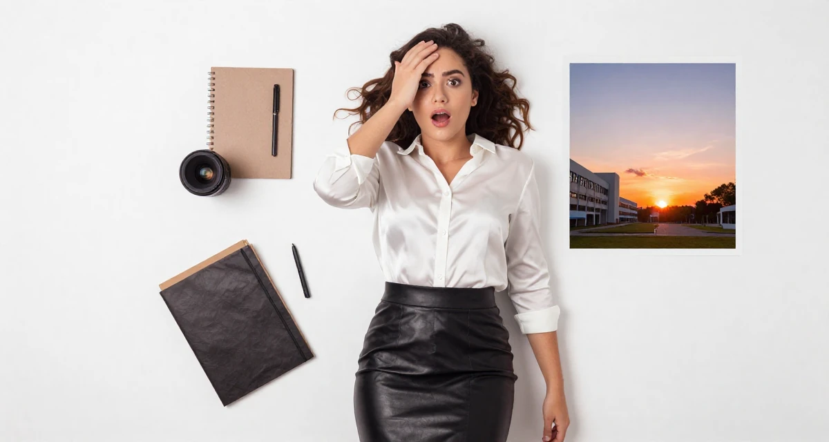 A surprised Female Raised in Brazil, majored in multimedia arts in their 25, managing tight budgets as a student,
wearing a white silk shirt tucked into a leather pencil skirt, pushing hair from face in a university campus.