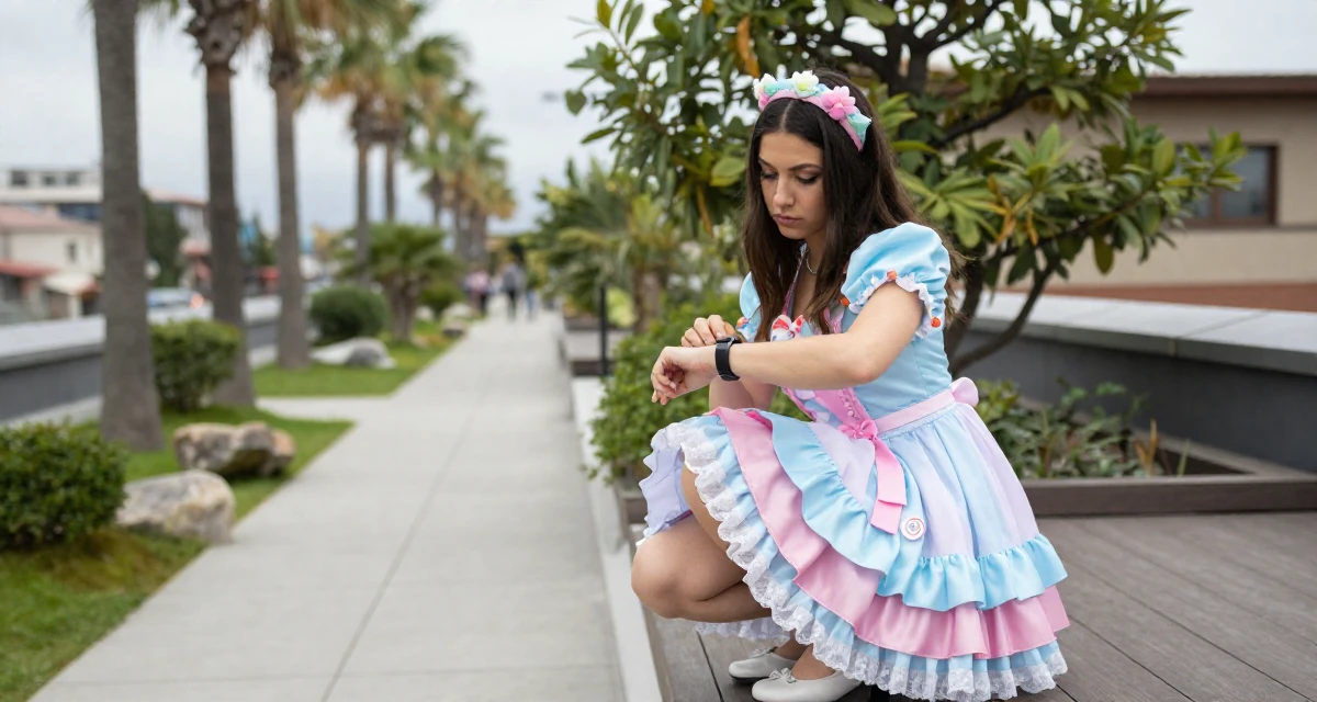 A guarded Female From Ankara Türkiye, practiced intimate photography aesthetics in their 21, feeling lonely despite being constantly online,
wearing a candy-themed magical girl dress with pastel colors, glancing at a wristwatch in a rooftop terrace.