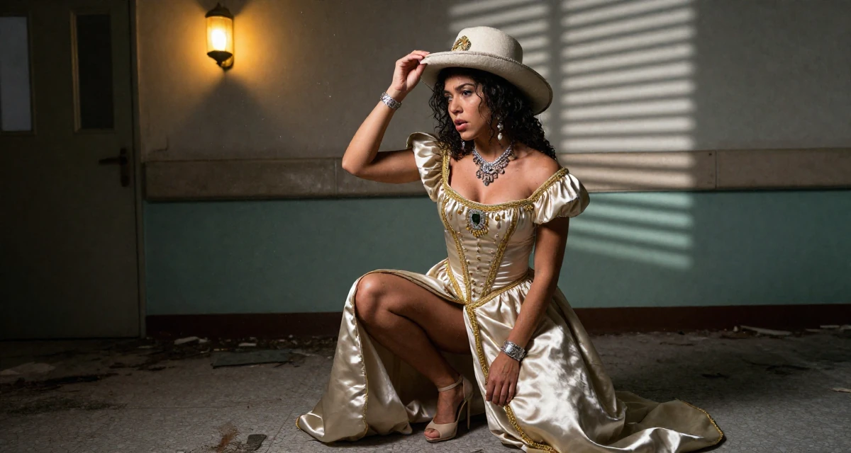 A judgemental Female Grew up in Argentina, majored in audiovisual production in their 23, analyzing which posts convert best,
wearing a regal empress gown with heavy silk and jewelry, adjusting a hat in a abandoned hospital.