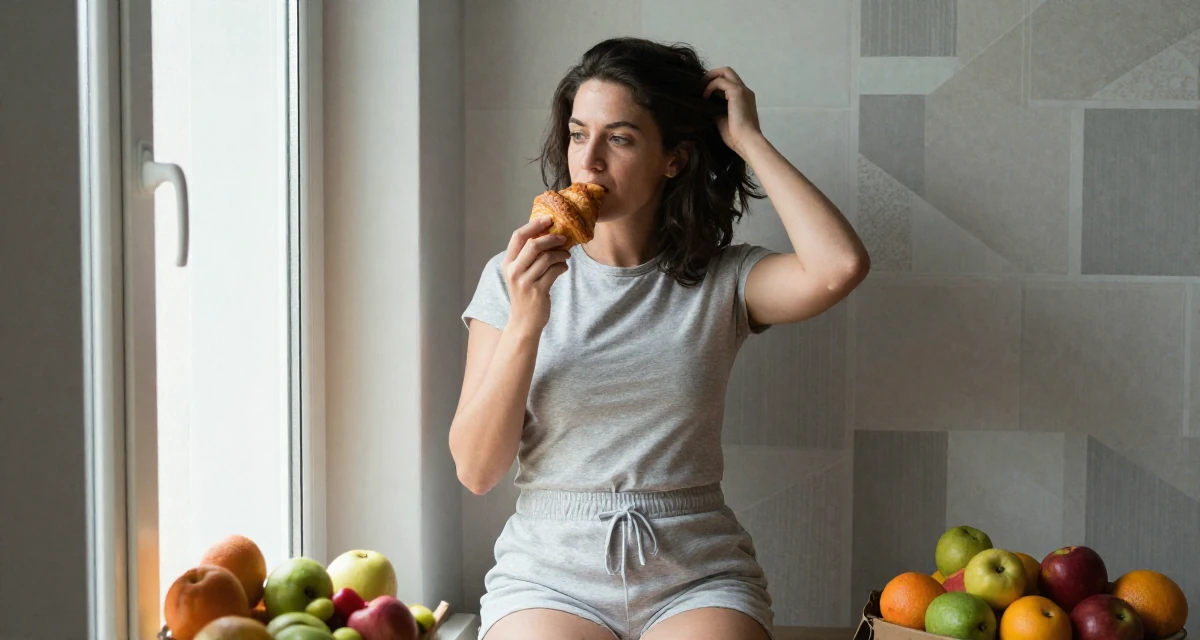 A reflective Female From Italy, majored in photography and visual arts in their 39, prioritizing quality over quantity in life,
wearing a cotton jersey romper that fits tightly, eating a croissant in a cozy reading nook by a window.