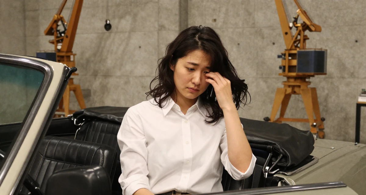 A sentimental Female From Japan, majored in sociology in Tokyo in their 31, re-evaluating long-term career goals,
wearing a crisp button-up with rolled sleeves, brushing hair away from the face in a vintage convertible car.