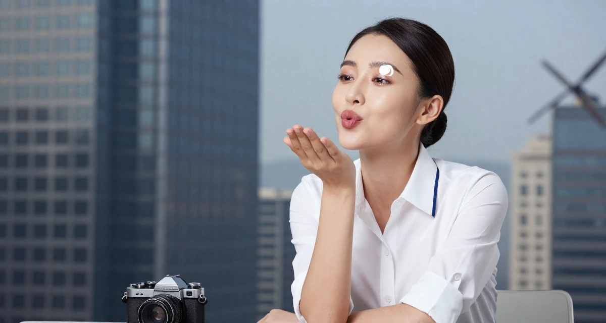 A cheerful Female Former hotel concierge, now offering luxury-inspired lifestyle content in their 24, understanding long-term consequences of choices,
wearing a crisp button-up with rolled sleeves, blowing a kiss in a high-rise office building.