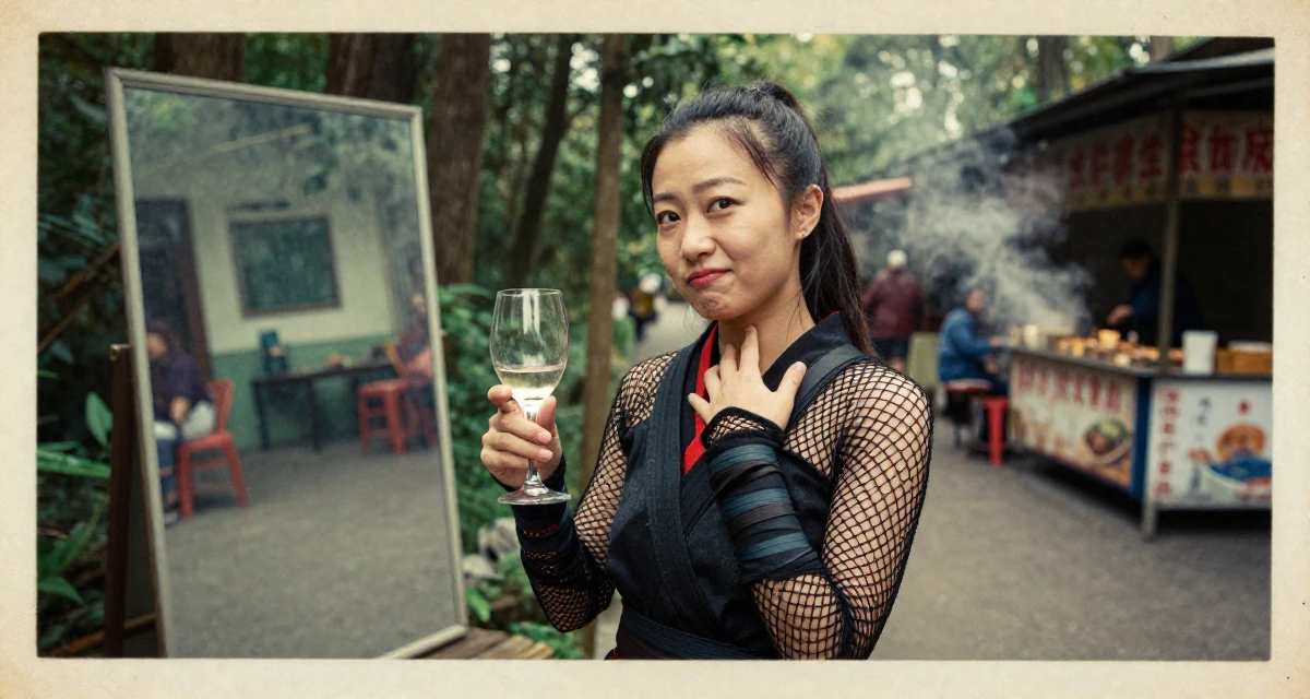 A cheeky Female From China, based in Chengdu, graduated from a vocational college majoring in digital communication in their 26, facing the fear of aging out before even “making it”,
wearing a ninja kunoichi outfit with fishnet details, holding a wine glass by the stem in a forest path.