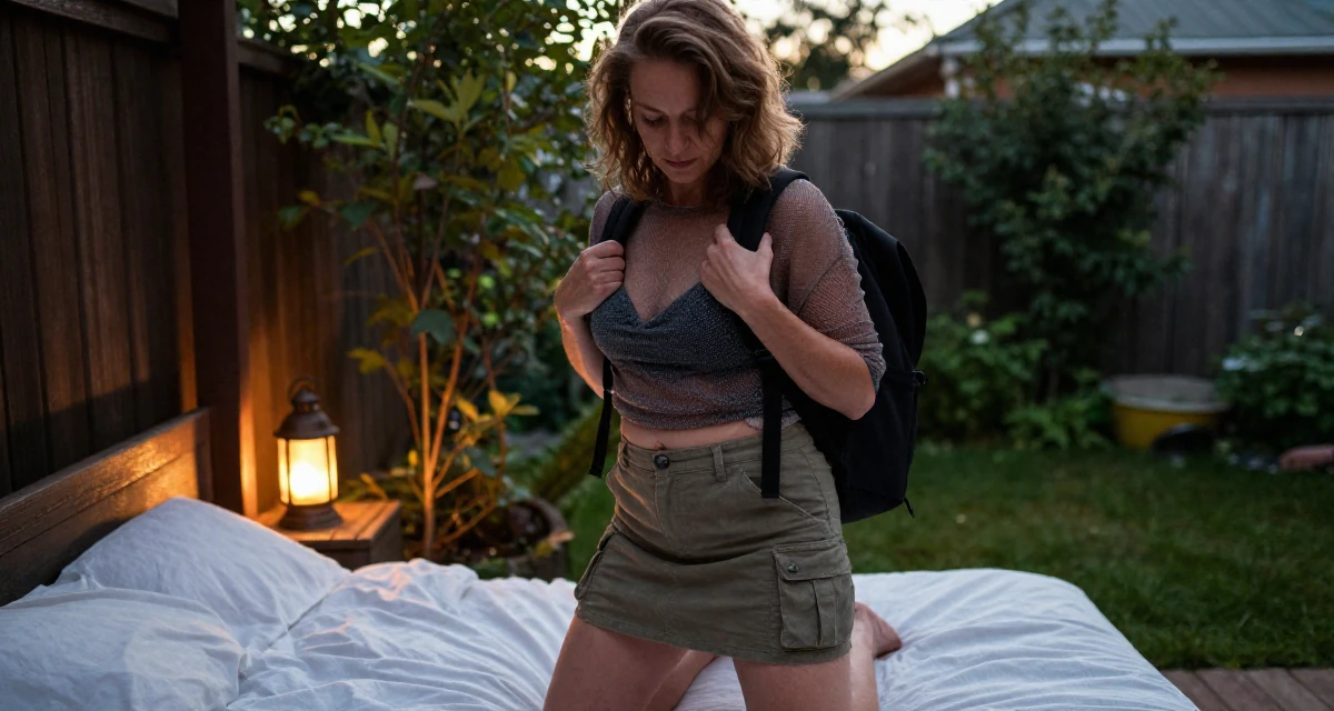 A moody Female From Finland, studied applied linguistics in their 40, focusing on legacy and long-term wealth,
wearing a layered mesh top and cargo mini skirt, adjusting a backpack strap in a backyard garden.