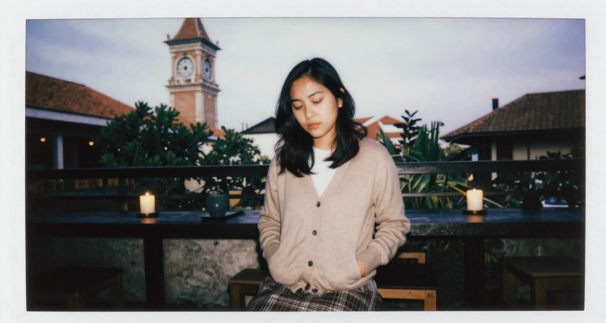 A soulful Female Born in Indonesia, studied brand communication in their 29, managing emotional burnout disguised as “taking a break”,
wearing a classic librarian style cardigan and a plaid skirt, putting hands in pockets in a sunny patio.