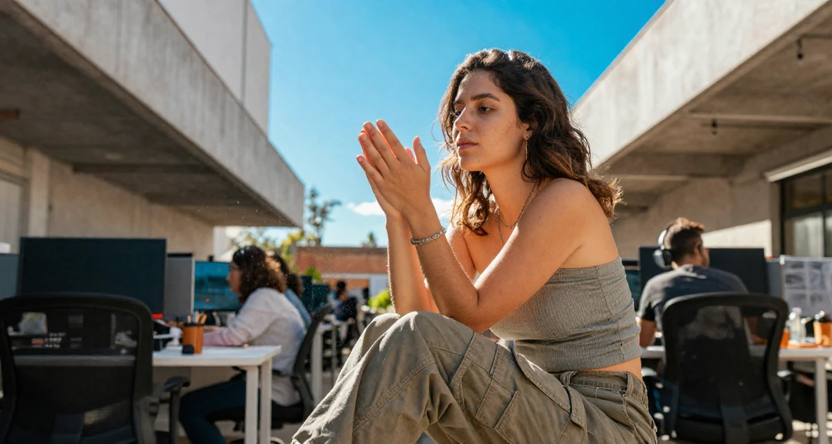 A disinterested Female Grew up in Argentina, majored in audiovisual production in their 25, trying to build an aesthetic that feels authentic,
wearing a strapless tube top and cargo pants, rubbing hands together for warmth in a busy coworking space.