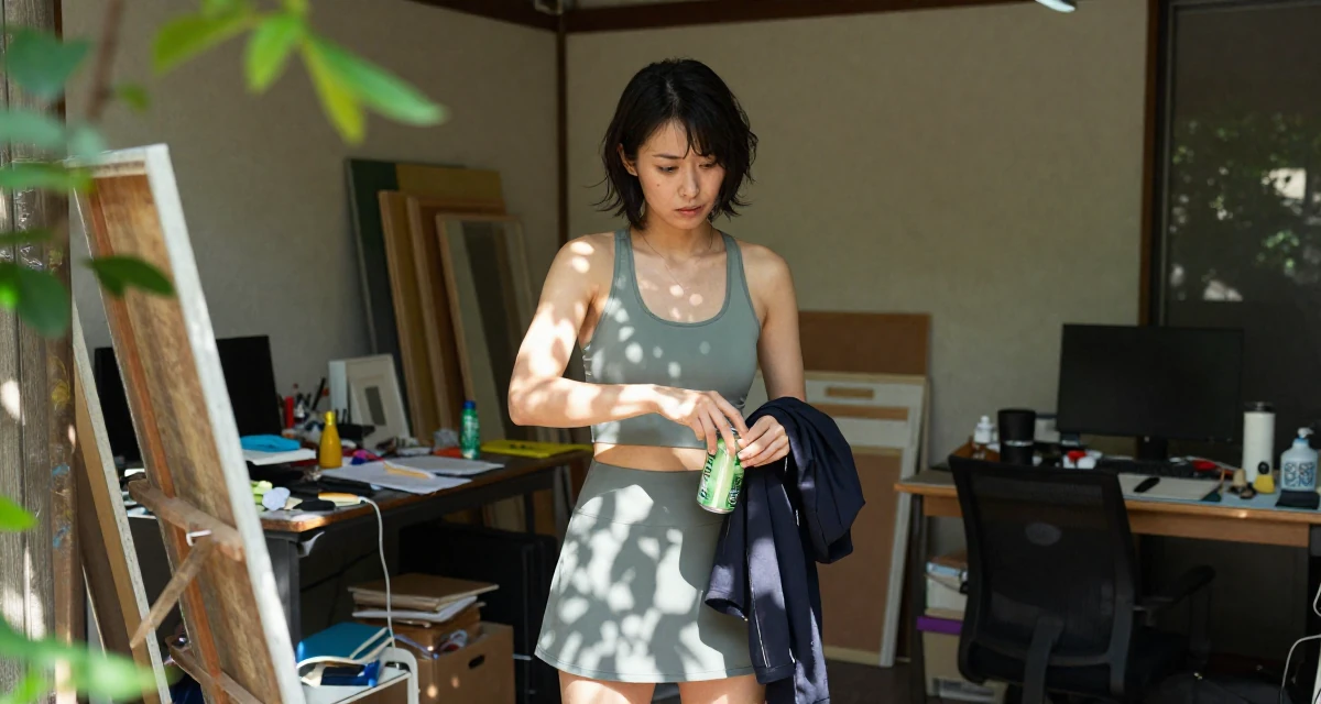 A unimpressed Female From Japan, studied nutrition and food science in their 26, chasing the digital nomad lifestyle dream,
wearing a fitted crop top and a mini tennis skirt, opening a soda can in a messy artist studio.