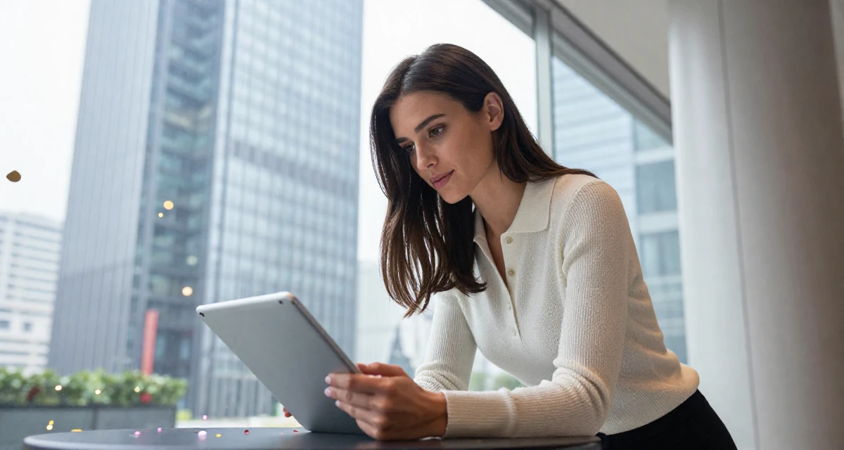 A sultry Female From Italy, based in Milan, graduated from a design school majoring in sensual visual communication in their 23, building consistency in personal projects,
wearing a smart knit polo, holding a tablet device in a modern skyscraper lobby.
