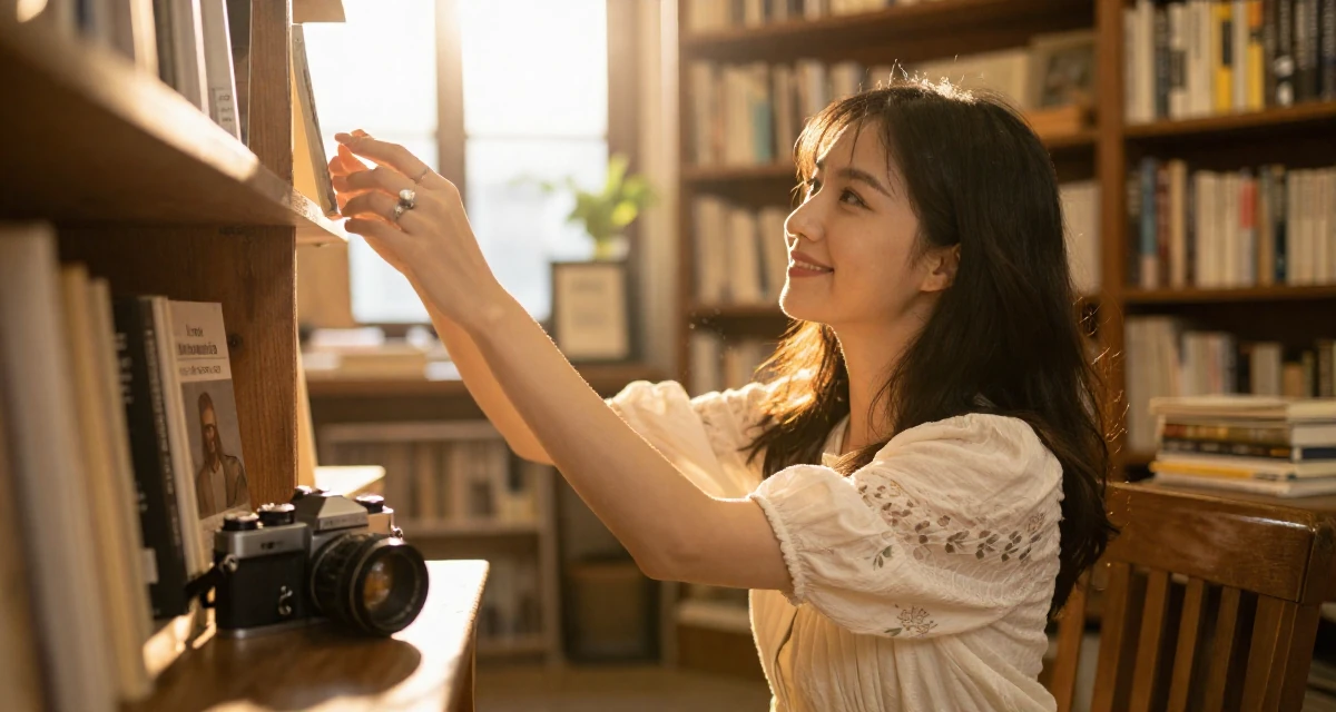 A radiant Female Once a university researcher, now creating slow-life intimate content in their 31, balancing career peaks with personal downtime,
wearing a breezy summer vacation outfit, playing with a ring on a finger in a vintage bookstore.