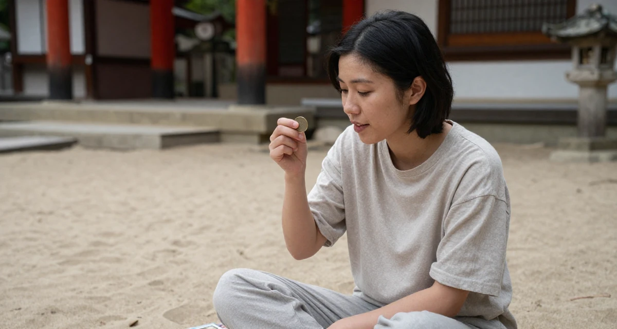 A warm Female From UK, trained in musical theatre in their 23, realizing that friendships require hard work,
wearing a soft organic cotton clothing, flipping a coin in a Japanese Shinto shrine.