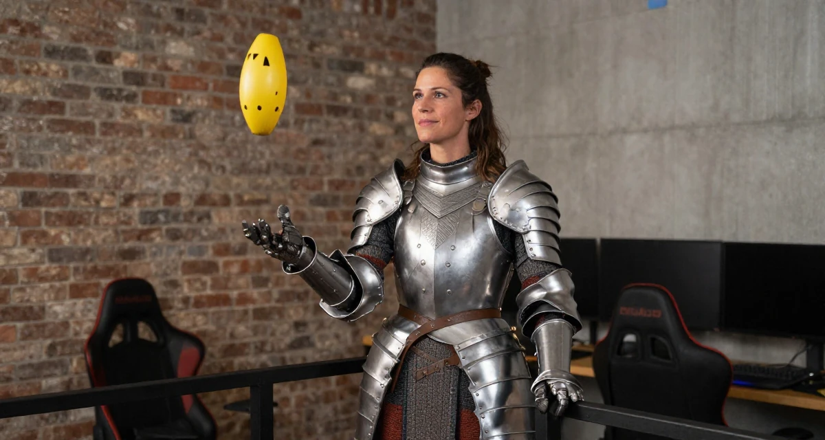 A sincere Female From France, majored in cinema studies in their 35, juggling co-parenting and a dating life,
wearing a fantasy warrior princess armor made of silver metal, holding a railing in a gaming room.