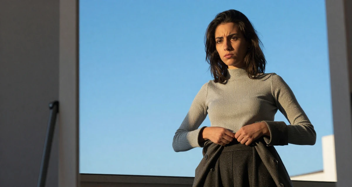 A pouting Female From Italy, majored in photography and visual arts in their 22, missing the freedom of student days,
wearing a ribbed mock neck top and a long wool skirt, buttoning a jacket in a vanity mirror.