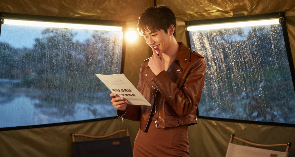 A friendly and approachable male From China, holds a degree in human resource management in their 25, letting go of the need to please everyone,
wearing a cropped leather jacket and a bodycon dress, inspecting an object in a camping site.