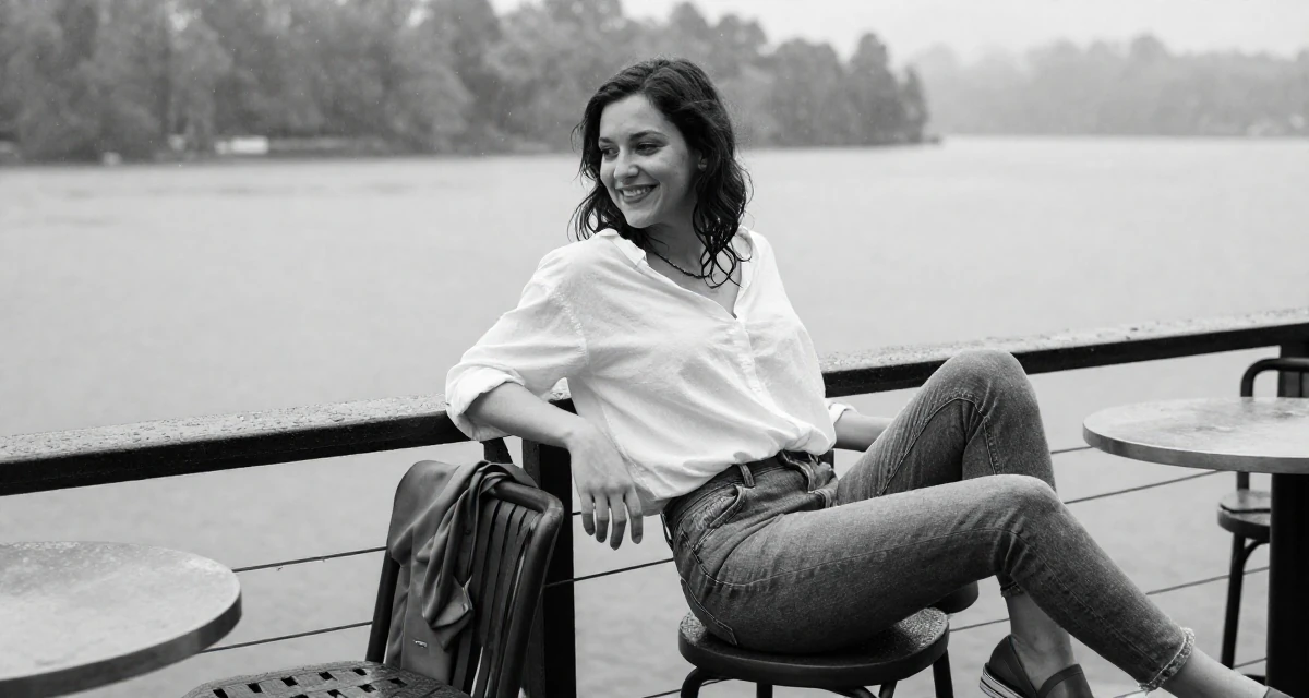 A joyful Female Once a barista, now a full-time creator leaning into aesthetic storytelling in their 25, realizing 25 is still incredibly young,
wearing a effortless white blouse and jeans, pausing mid-step in a serene lakeside dock.