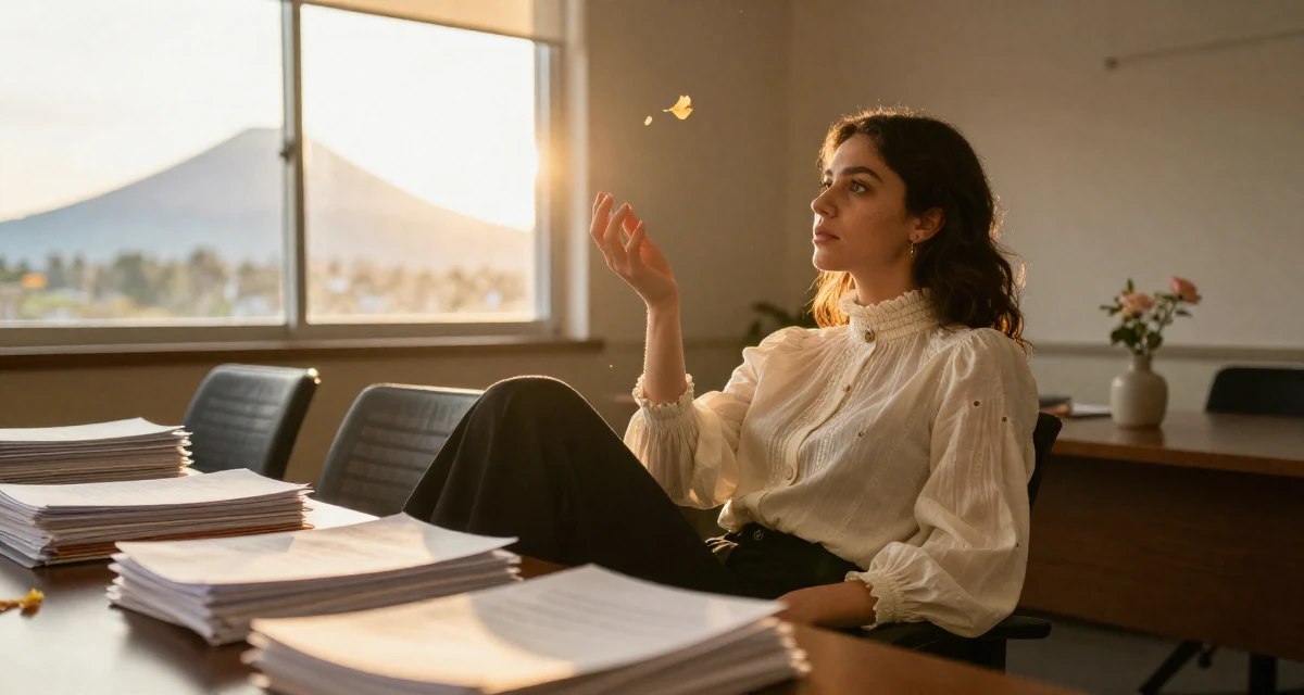 A solemn Female Former bakery assistant, now crafting sweet, soft-aesthetic creator vibes in their 32, sharing budget-friendly interior design tips,
wearing a high-neck victorian style blouse and black slacks, catching a falling flower petal in a conference room.