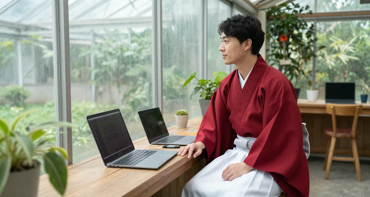 A peaceful male From Shanghai China, majored in journalism in their 33, teaching coding and tech skills online,
wearing a traditional Japanese miko priestess robe in red and white, looking out the window in a botanical greenhouse.