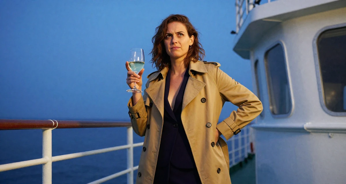 A rebellious Female Former veterinary assistant, now sharing soft pet-inclusive content in their 22, managing new financial responsibilities,
wearing a classic trench coat worn over a business dress, holding a wine glass by the stem in a ferry deck.