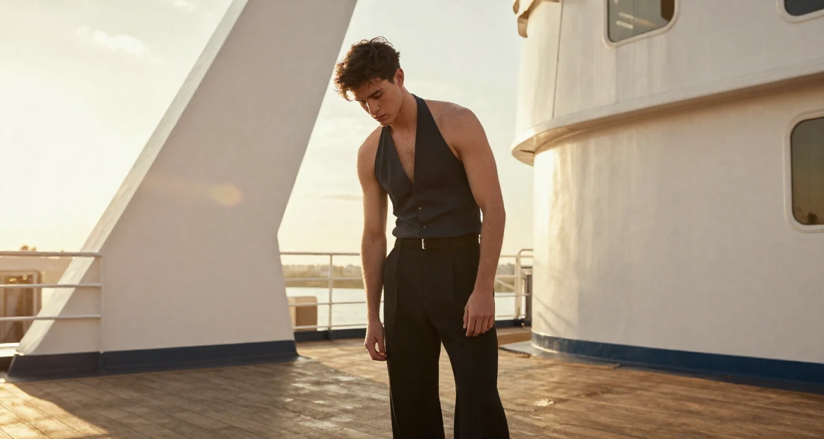 A judgemental male From UK, studied fashion marketing in London in their 25, exploring safe ways to promote content without judgment,
wearing a halter neck top and wide-leg office trousers, looking down at the ground shyly in a ferry deck.
