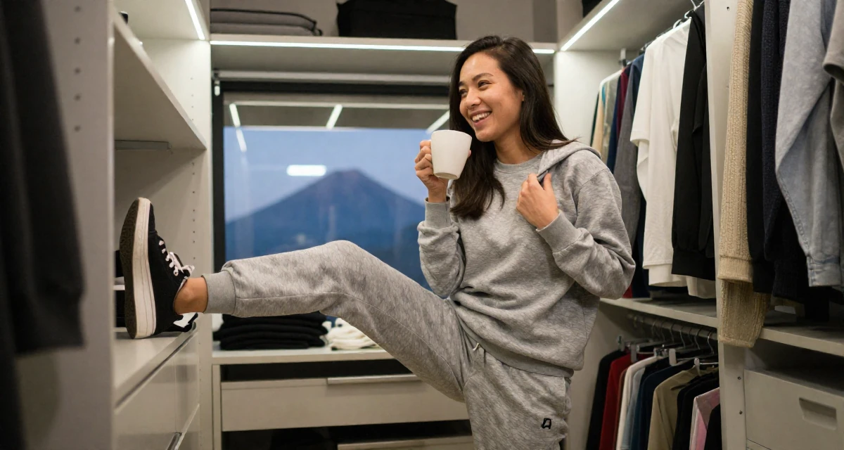 A upbeat Female From Indonesia, based in Surabaya, graduated from a creative academy majoring in multimedia arts in their 20, fueled by caffeine and late-night ambition,
wearing a relaxed jogger and sweatshirt combo, gripping a lapel in a walk-in closet.