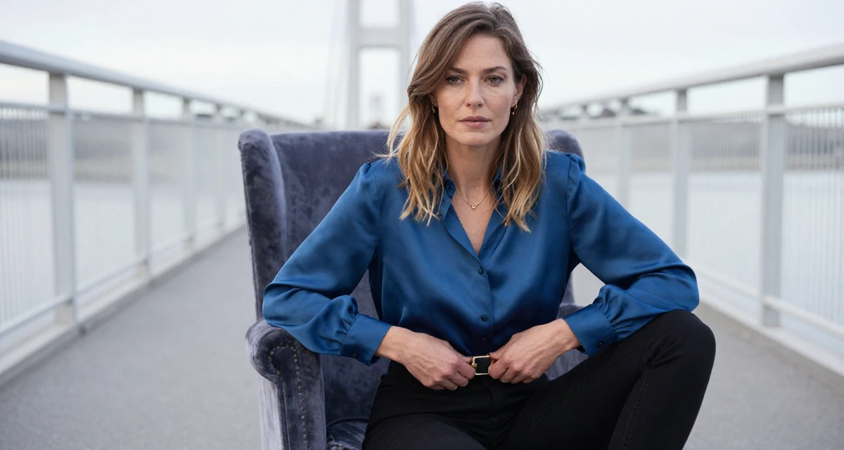 A contemplative Female From Norway, studied user experience design in their 30, experimenting with bold fashion choices,
wearing a silk blouse with oversized cuffs, fixing a belt buckle in a bridge walkway.