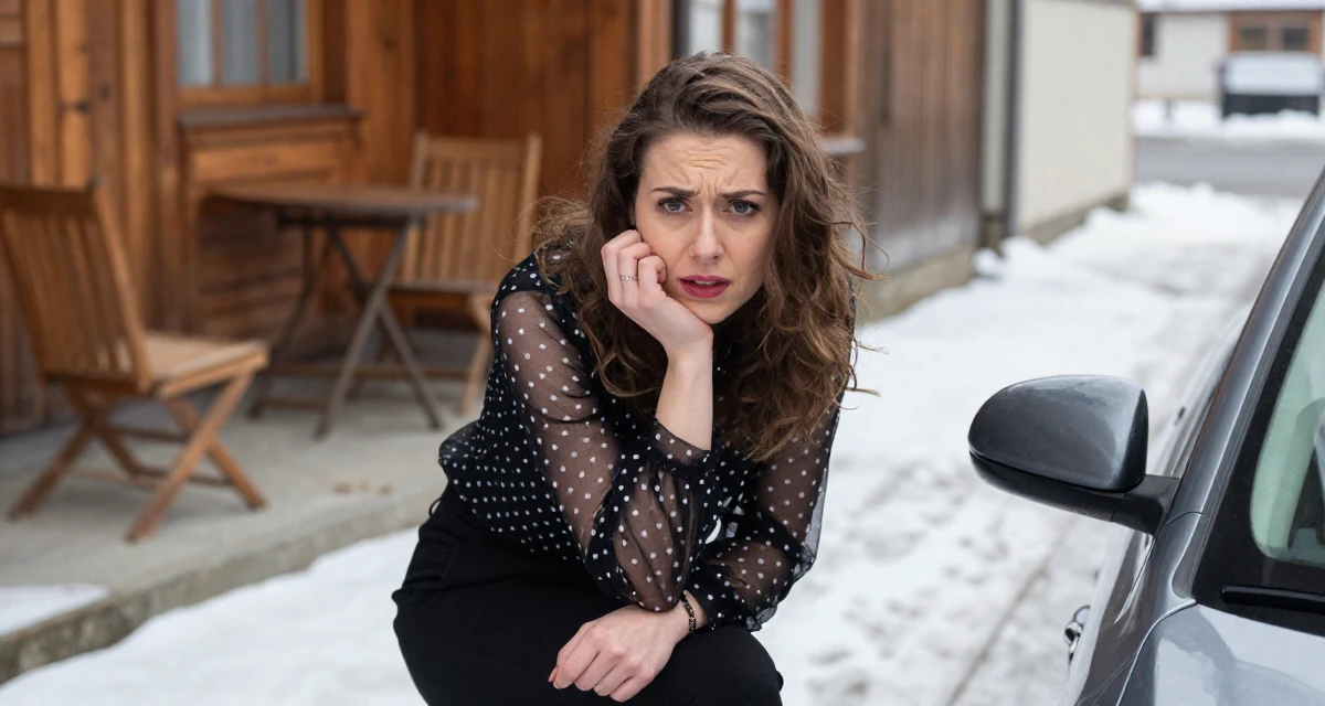 A unbothered Female From Luxembourg, studied European business law in their 20, feeling a mix of excitement and deep anxiety,
wearing a sheer polka dot blouse and black trousers, resting a chin on a hand in a snowy sidewalk.