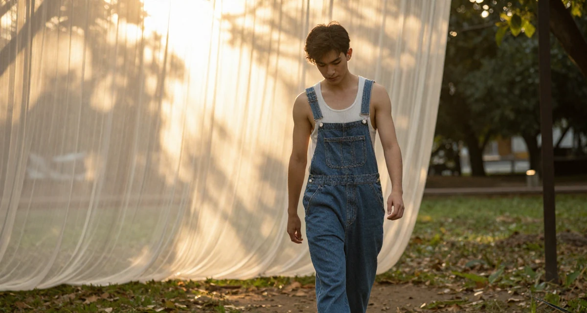 A alluring male Former volunteer teacher, now crafting empowering creator narratives in their 23, building first professional networks,
wearing a tube top and oversized denim overalls with one strap down, looking down at the ground shyly in a quiet park.