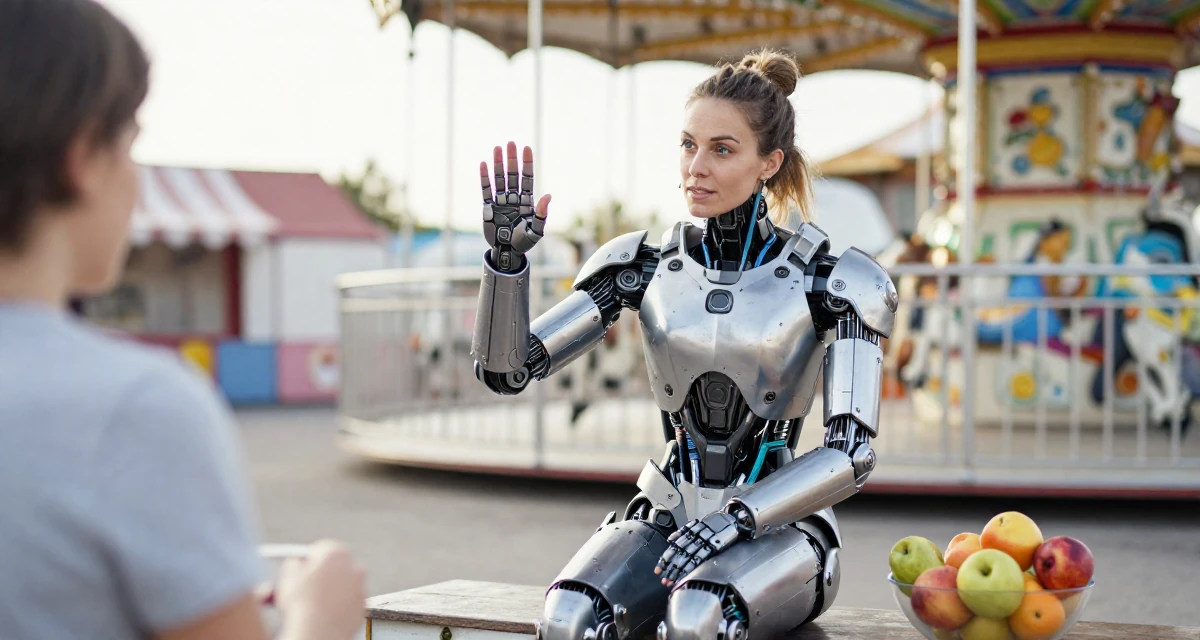 A curious and focused Female From Czech Republic, studied photography and cinematography in their 25, recognizing the value of mentorship and guidance,
wearing a futuristic android body armor with exposed mechanical parts, waving to someone in a carnival with rides.