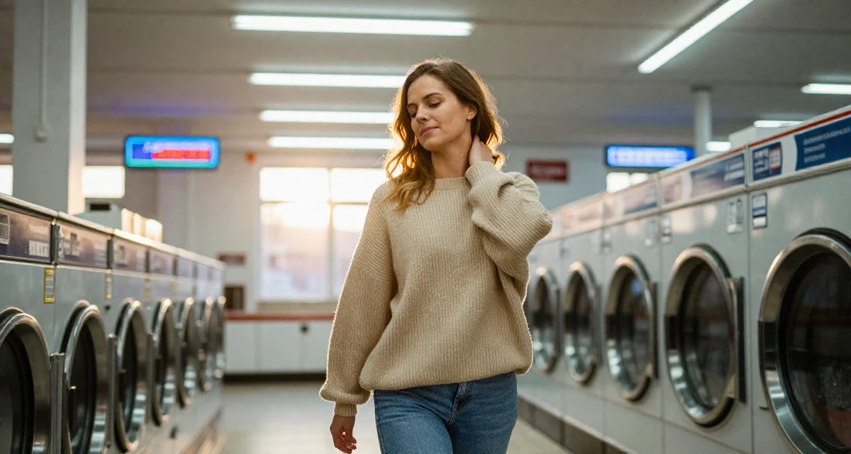 A serene and peaceful Female From Gothenburg Sweden, trained in athletic movement and strength flow in their 20, experimenting with new social circles and hobbies,
wearing a oversized beige sweater and jeans, massaging the neck in a laundromat with neon signs.