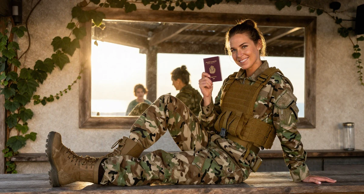 A flirty Female From Austria, majored in music theory in their 23, balancing risk-taking with stability needs,
wearing a commando outfit with camouflage paint and tactical harness, holding a passport in a beach bar.