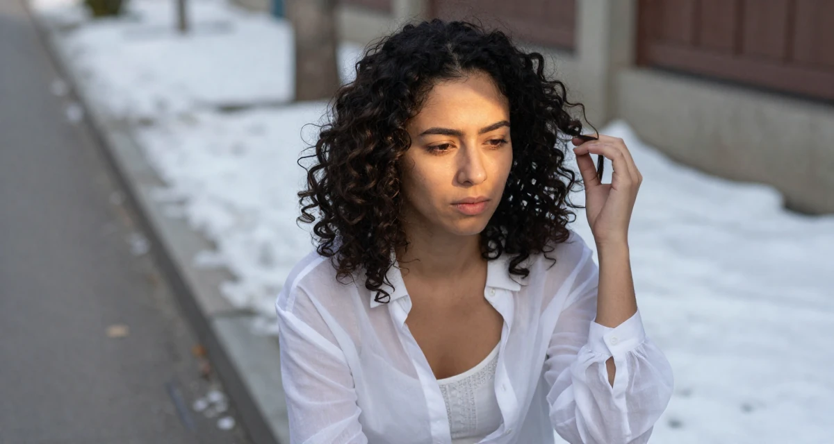 A resolute Female From Chiang Mai Thailand, studied alternative wellness and body flow in their 23, feeling behind in life despite being so young,
wearing a sheer white blouse with a delicate camisole underneath, fixing a loose strand of hair in a snowy sidewalk.