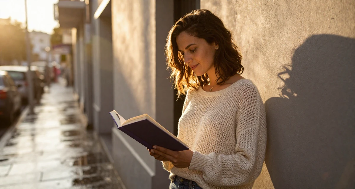 A gently amused Female Once a med-school dropout, now exploring emotional vulnerability through art in their 32, managing high-stakes projects with calm,
wearing a loose open-knit sweater showing skin underneath, reading a book intently in a rainy street corner.