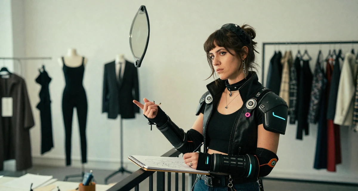 A bored Female From Canada, based in Vancouver, graduated from an arts institute majoring in creative media in their 25, juggling early career and side gigs,
wearing a cyberpunk street samurai gear with neon accents, sketching on a pad in a fashion design studio.