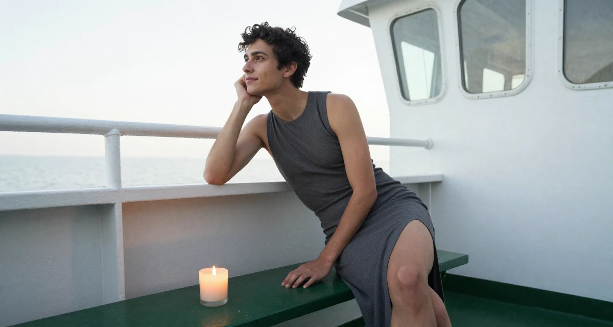 A sympathetic male From Canada, based in Montreal, graduated from a design program majoring in intimate visual arts in their 22, figuring out what content brings recurring subs,
wearing a long pencil skirt with a high side slit, resting a chin on a hand in a ferry deck.