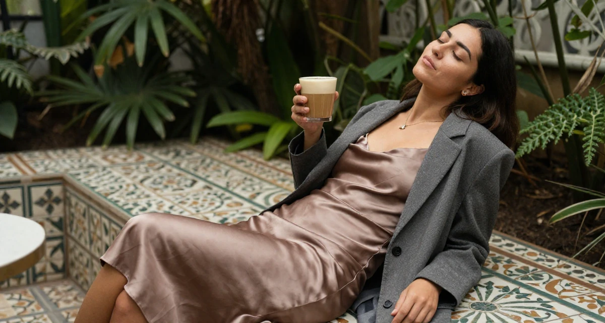 A relieved Female Once a hotel bartender, now creating nightlife-themed fan content in their 25, identifying strengths and weaknesses,
wearing a satin slip skirt paired with a structured blazer, holding a cup of coffee in a botanical garden.