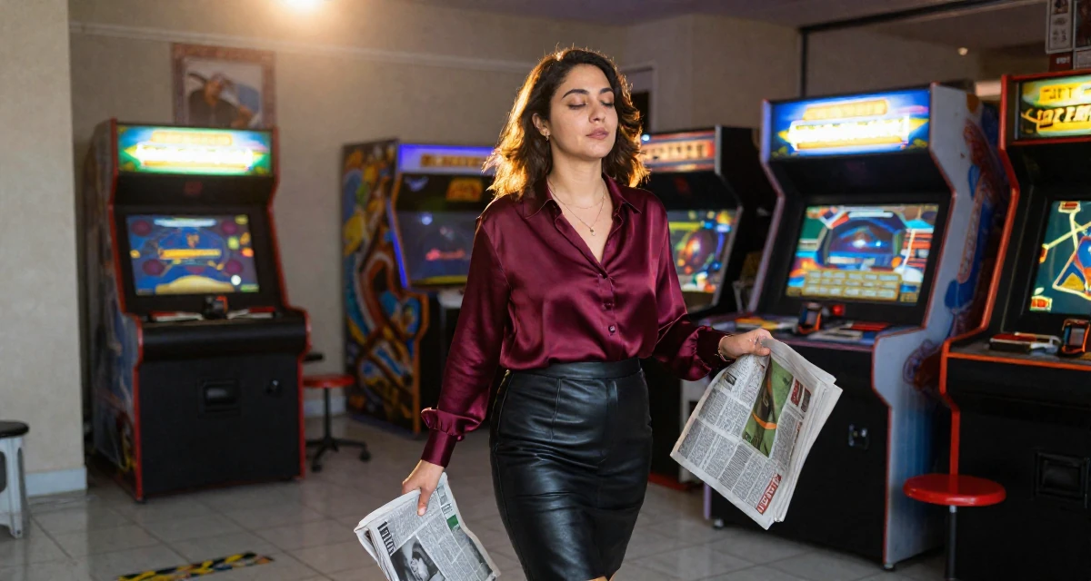 A sleepy Female From Arabic-speaking world, studied international logistics in their 36, sharing tips for organizing a chaotic home,
wearing a burgundy silk blouse and black leather skirt, holding a newspaper in a arcade room with neon lights.