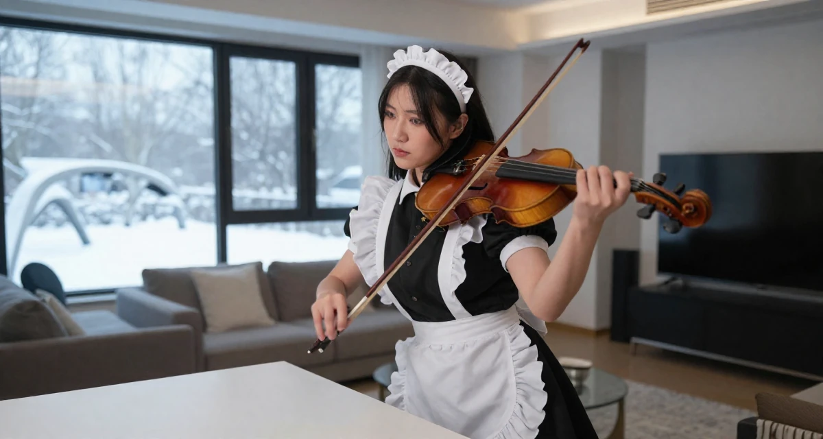 A introspective Female Once a violin student, now sharing aesthetic performance clips in their 30, embracing a new level of self-assurance,
wearing a maid outfit with a white apron and ruffled headband, holding a railing in a modern apartment living room.