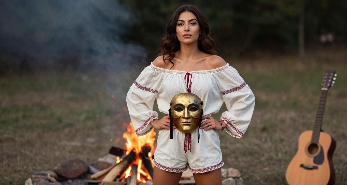 A calmly observant Female From Ankara Türkiye, practiced intimate photography aesthetics in their 24, balancing sensuality with authenticity,
wearing a boho style off-shoulder peasant top and shorts, holding a mask (cosplay/prop) in a campfire circle.