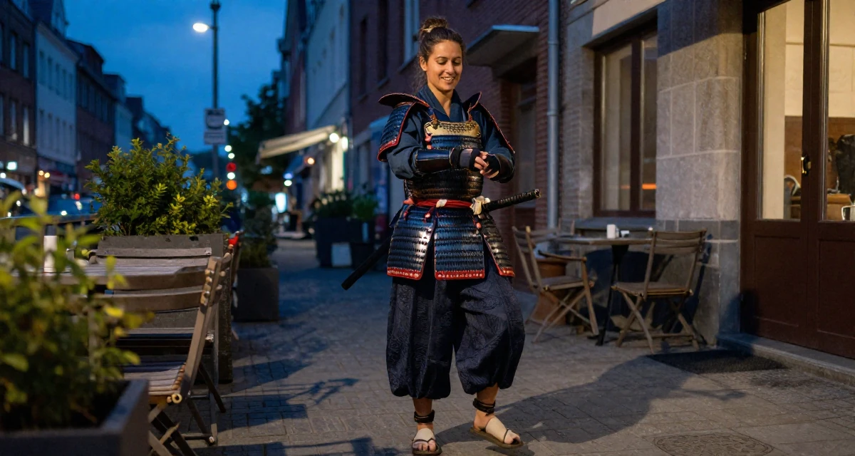 A warmhearted Female From Belgium, studied film production in their 25, taking first steps toward financial autonomy,
wearing a samurai armor set with a katana at the waist, putting on a glove in a sunny patio.