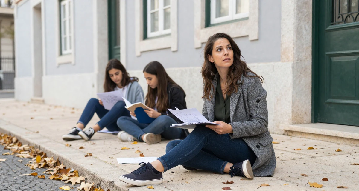 A expectant Female From Portugal, majored in architecture in their 46, running a household with teens,
wearing a tailored coat with casual sneakers, sketching on a pad in a city sidewalk.