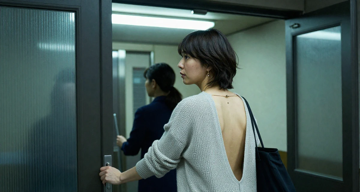 A contemplative male From Japan, majored in sociology in Tokyo in their 35, teaching financial literacy to other women,
wearing a open-back sweater showing the spine, pushing a door open in a cinema entrance.